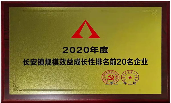 Ag亚洲集团荣获“2020年度长安镇规模效益生长性排名前20名企业”